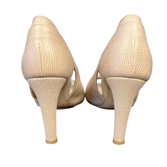 Dana Davis Italian Made Leather Lizard Print Peep Toe Heels, Cream, 8 B, $315 - Picture 8 of 9